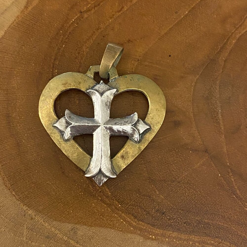 RETIRED Jeep Collins Heart Cross Pendant, Brass and Sterling Silver